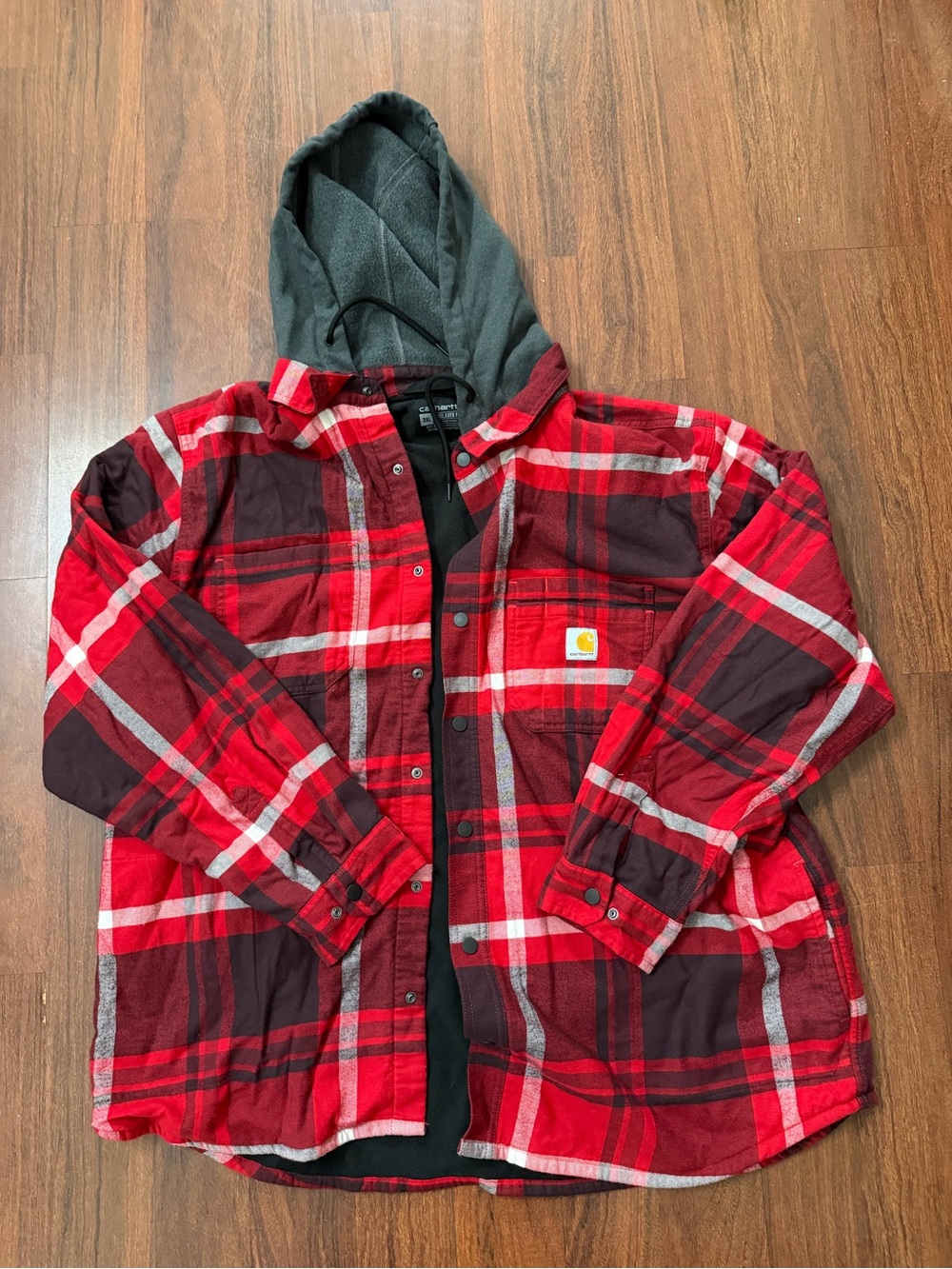 Carhartt Kids' Red and Black Plaid Hooded Flannel Shirt Jacket